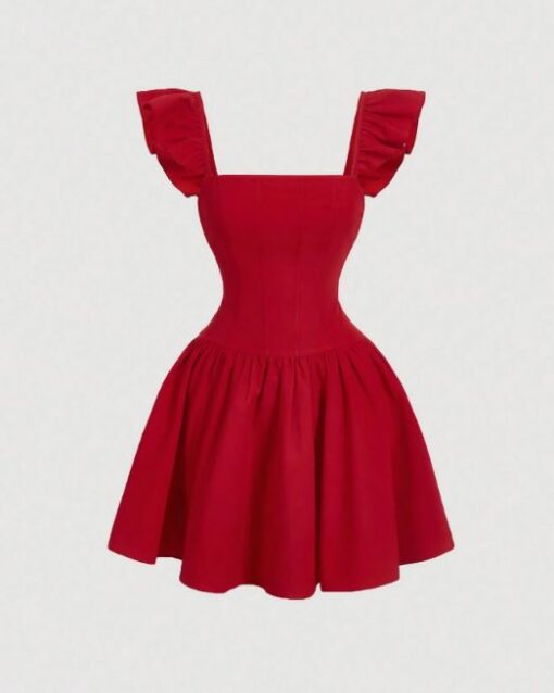 SHEIN MOD Women Ruffled Sleeve Red Dress, Date Dress