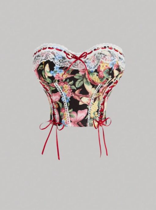 SHEIN MOD French Vintage Print Lace-Up Corset, Corseted Palazzo Top