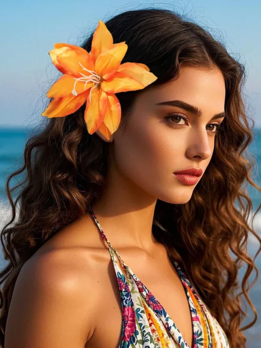 SHEIN 1pc Vacation Style Faux Flower Hair Clip, Suitable For Travel & Photography Valentine's Daysummer #A-orange