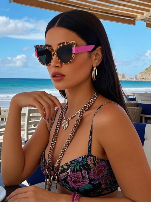 SHEIN Polarized Sunglasses For Men & Women, Retro Leopard Print Cat Eye Frame Plastic Fashion Sunglasses