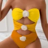 SHEIN Colorblock Cut Out Floral Patched Bandeau One Piece Swimsuit, Summer Beach Yellow One-Piece Bathing Suit