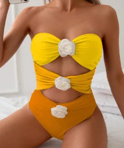 SHEIN Colorblock Cut Out Floral Patched Bandeau One Piece Swimsuit, Summer Beach Yellow One-Piece Bathing Suit