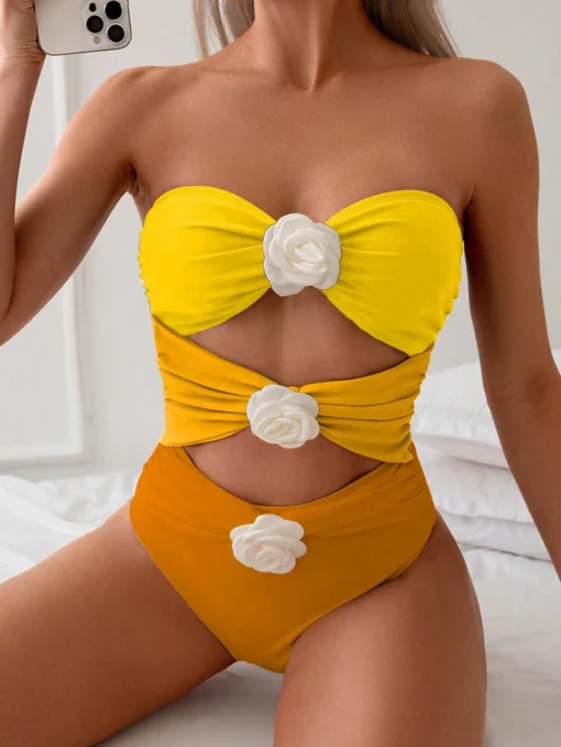 SHEIN Colorblock Cut Out Floral Patched Bandeau One Piece Swimsuit, Summer Beach Yellow One-Piece Bathing Suit