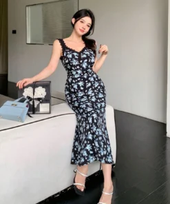 SHEIN DAZY Hollow Lace Patchwork Full Ditsy Floral Chiffon Spaghetti Strap Fishtail Dress