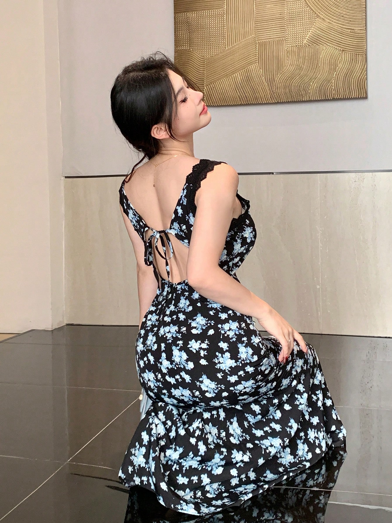 SHEIN DAZY Hollow Lace Patchwork Full Ditsy Floral Chiffon Spaghetti Strap Fishtail Dress - Image 3