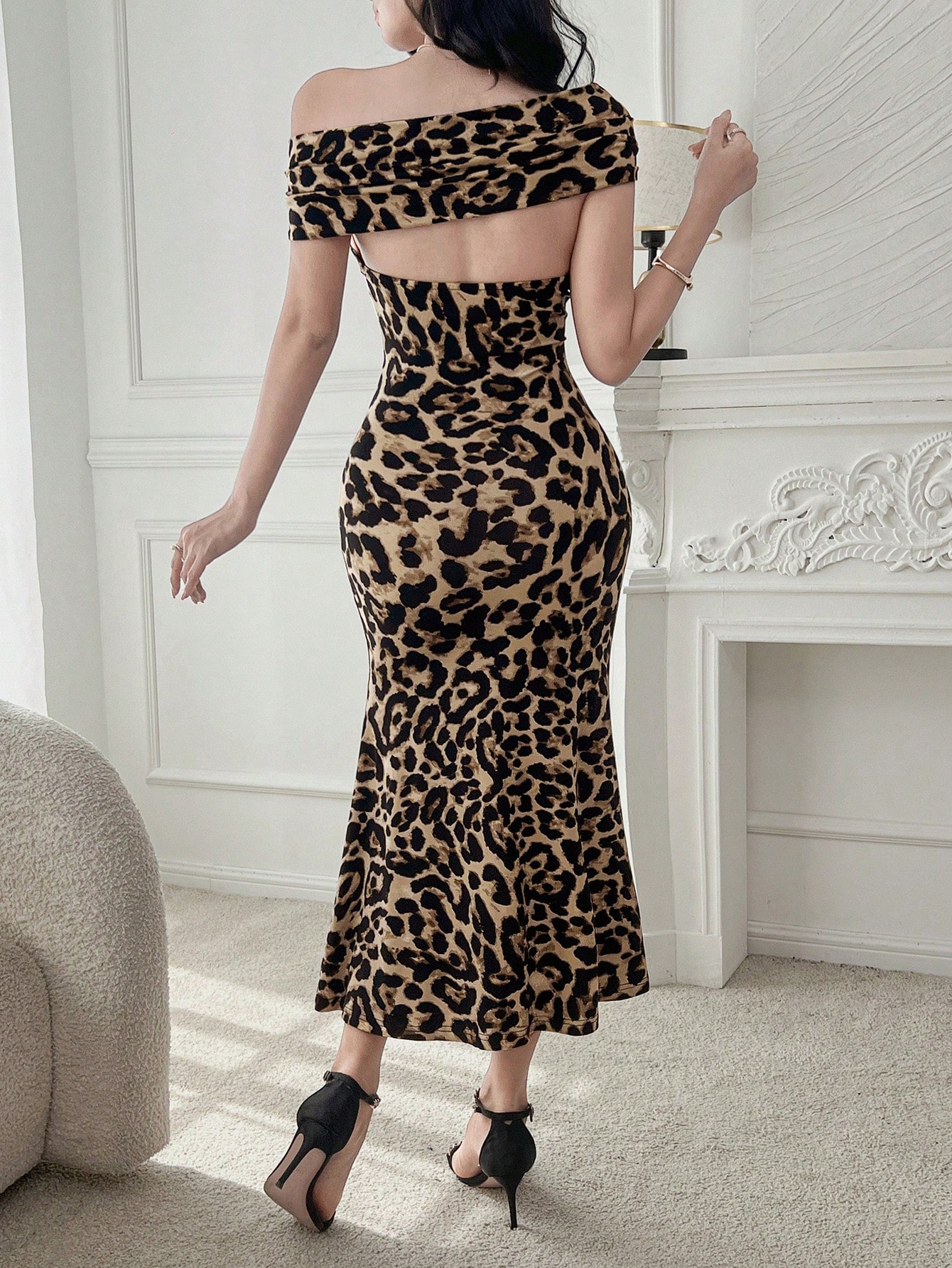 SHEIN DAZY Leopard Print Asymmetric Design Mid-Length Dress For Women Elegant - Image 3