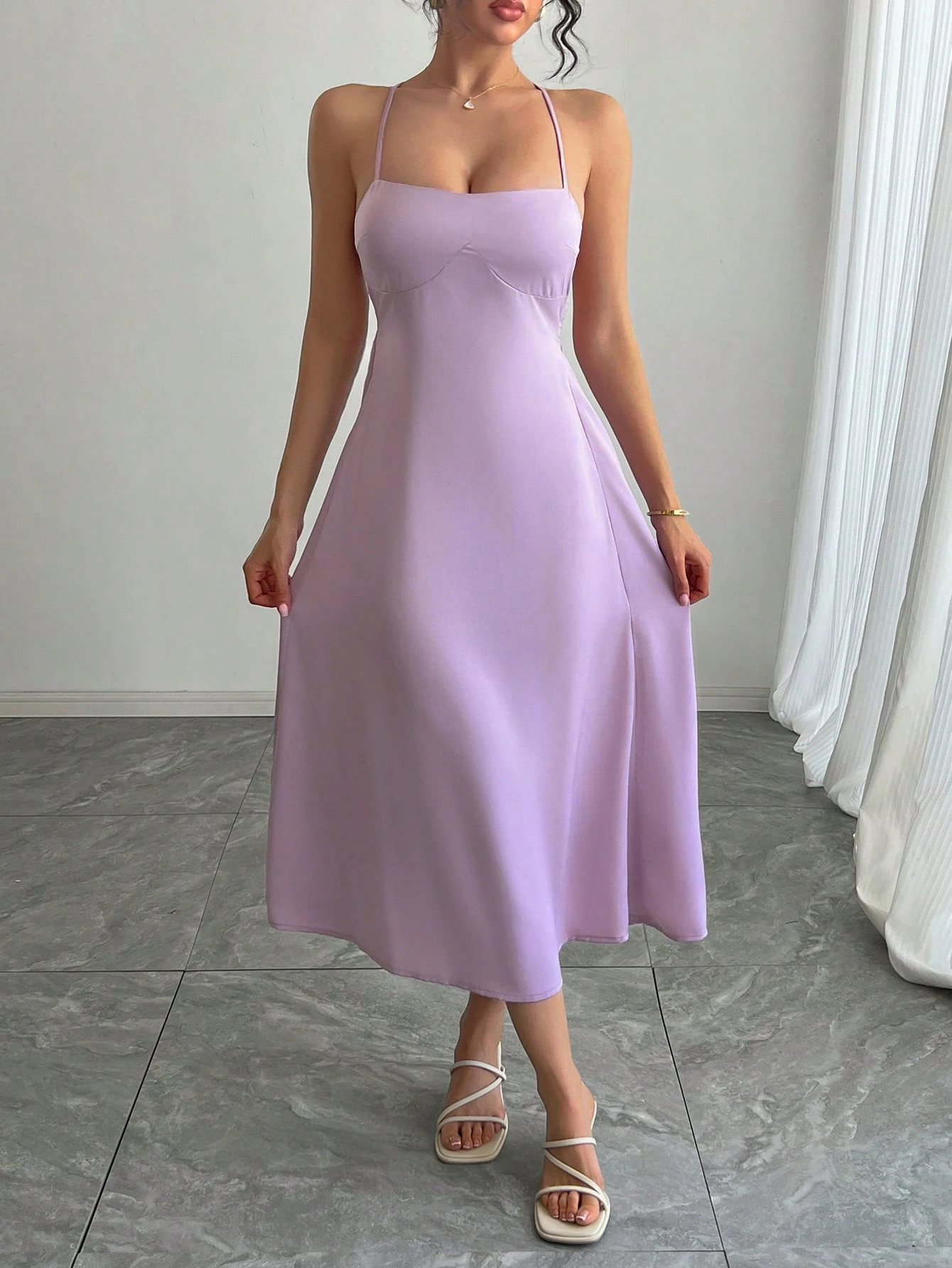 SHEIN DAZY Women's Elegant Sexy Crisscross Back Spaghetti Strap Dress Summer Prom Dress