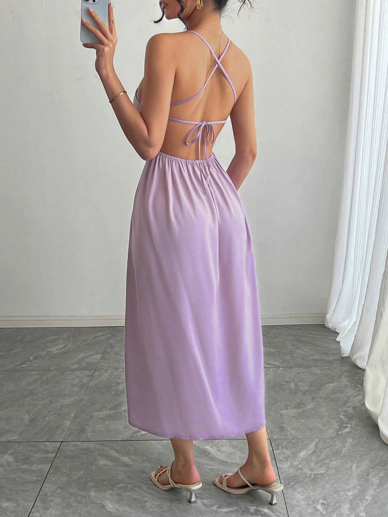 SHEIN DAZY Women's Elegant Sexy Crisscross Back Spaghetti Strap Dress Summer Prom Dress - Image 3