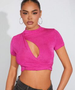 SHEIN Hauture Wrap Cut Out Short Sleeve Crop Top