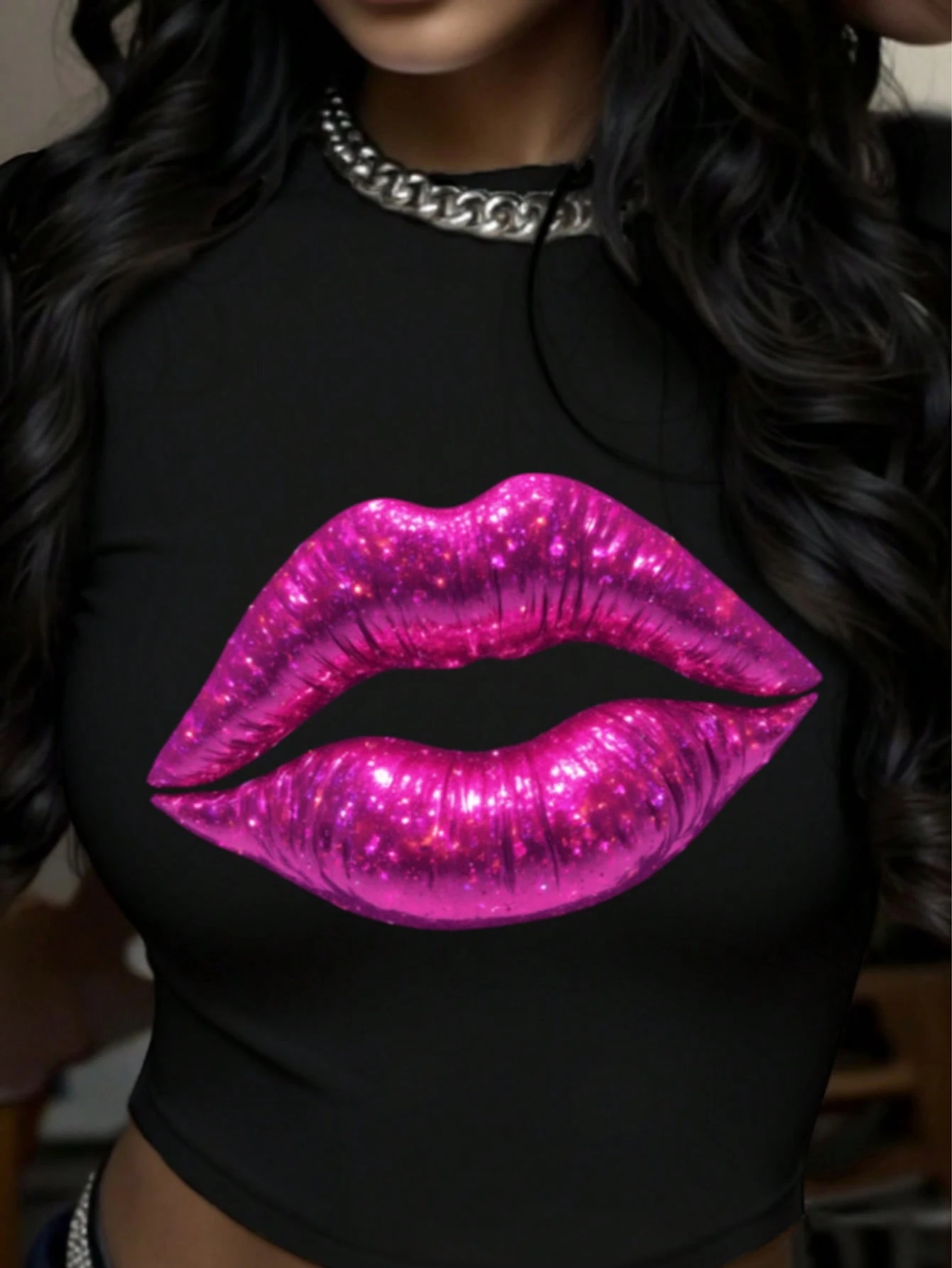 SHEIN Lip Print Pattern Women's Round Neck Short Sleeve Slim Fit Crop Tee For Spring/Summer