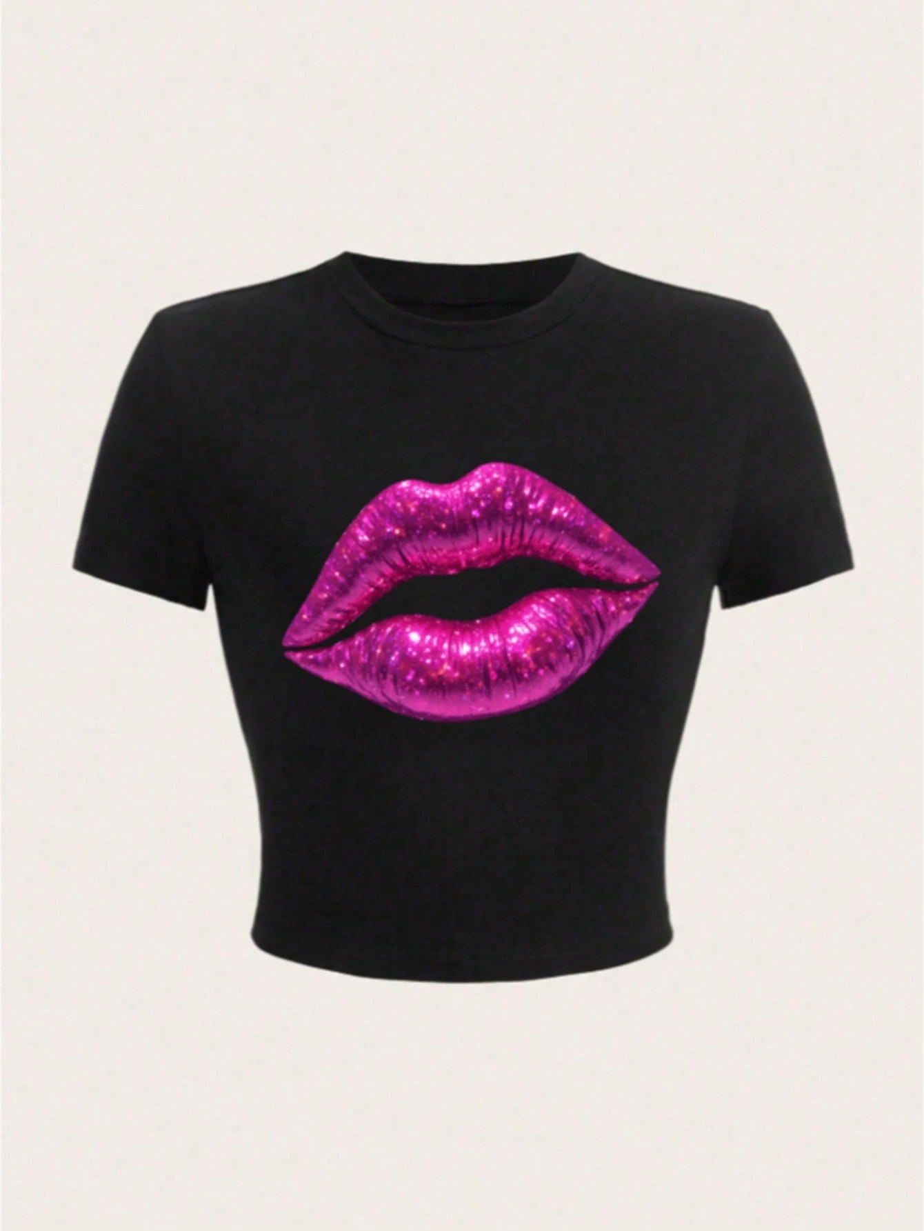 SHEIN Lip Print Pattern Women's Round Neck Short Sleeve Slim Fit Crop Tee For Spring/Summer - Image 3