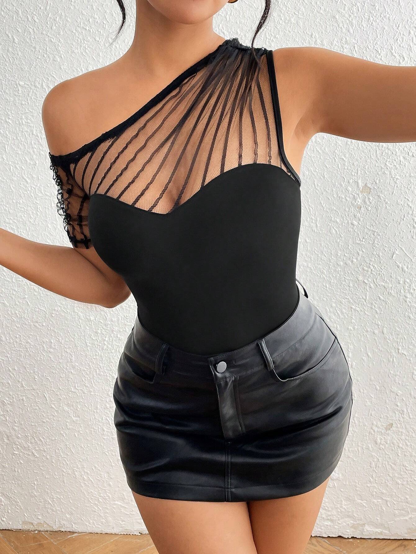 SHEIN Privé Ladies' Solid Color Mesh Spliced Asymmetric Collar Top - Image 2