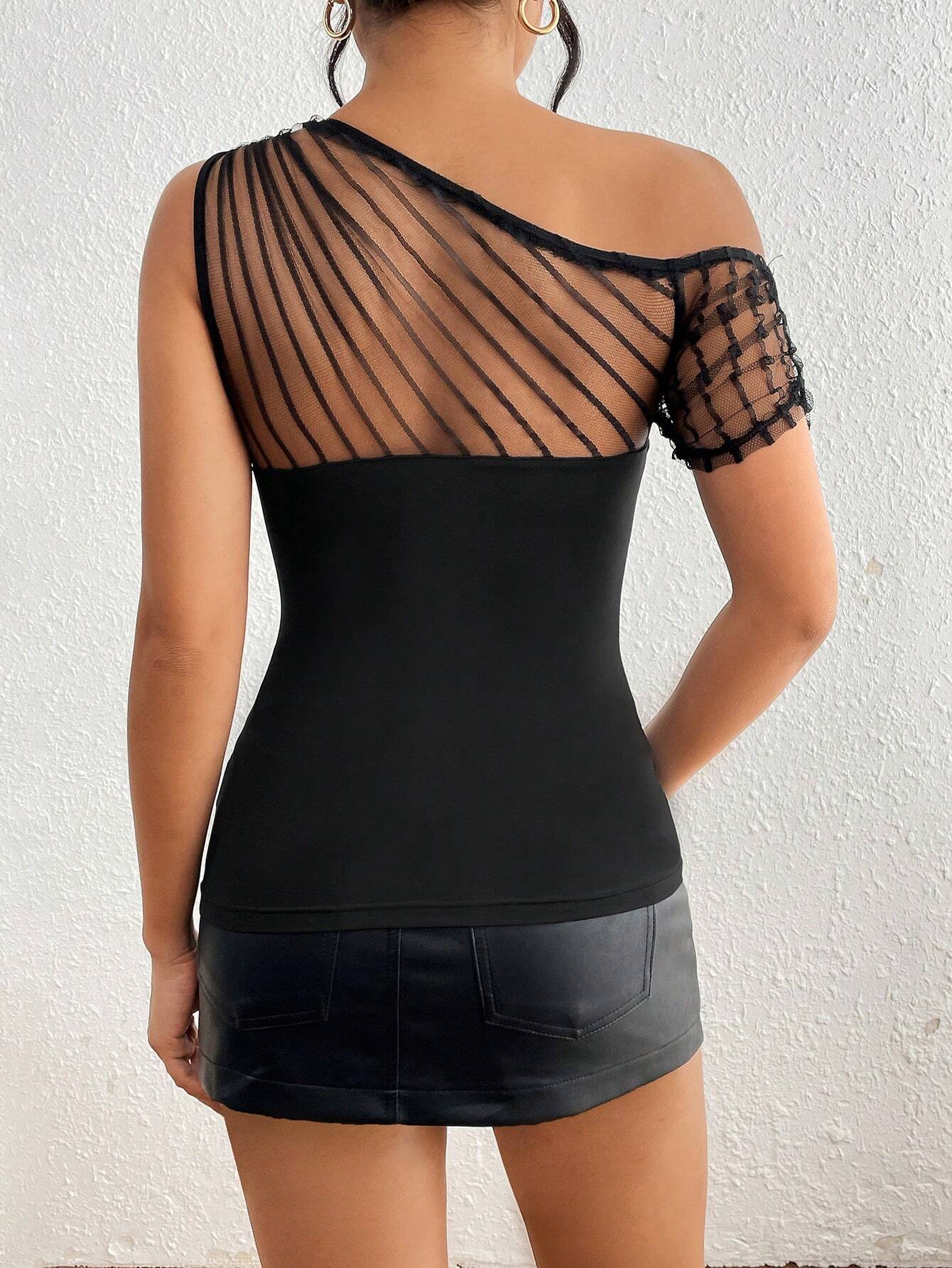 SHEIN Privé Ladies' Solid Color Mesh Spliced Asymmetric Collar Top - Image 3