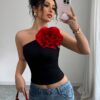 SHEIN Rafferiza Casual Sexy Knit 3D Floral Color Block Oblique Collar Asymmetrical Neck Camisole Top For Women