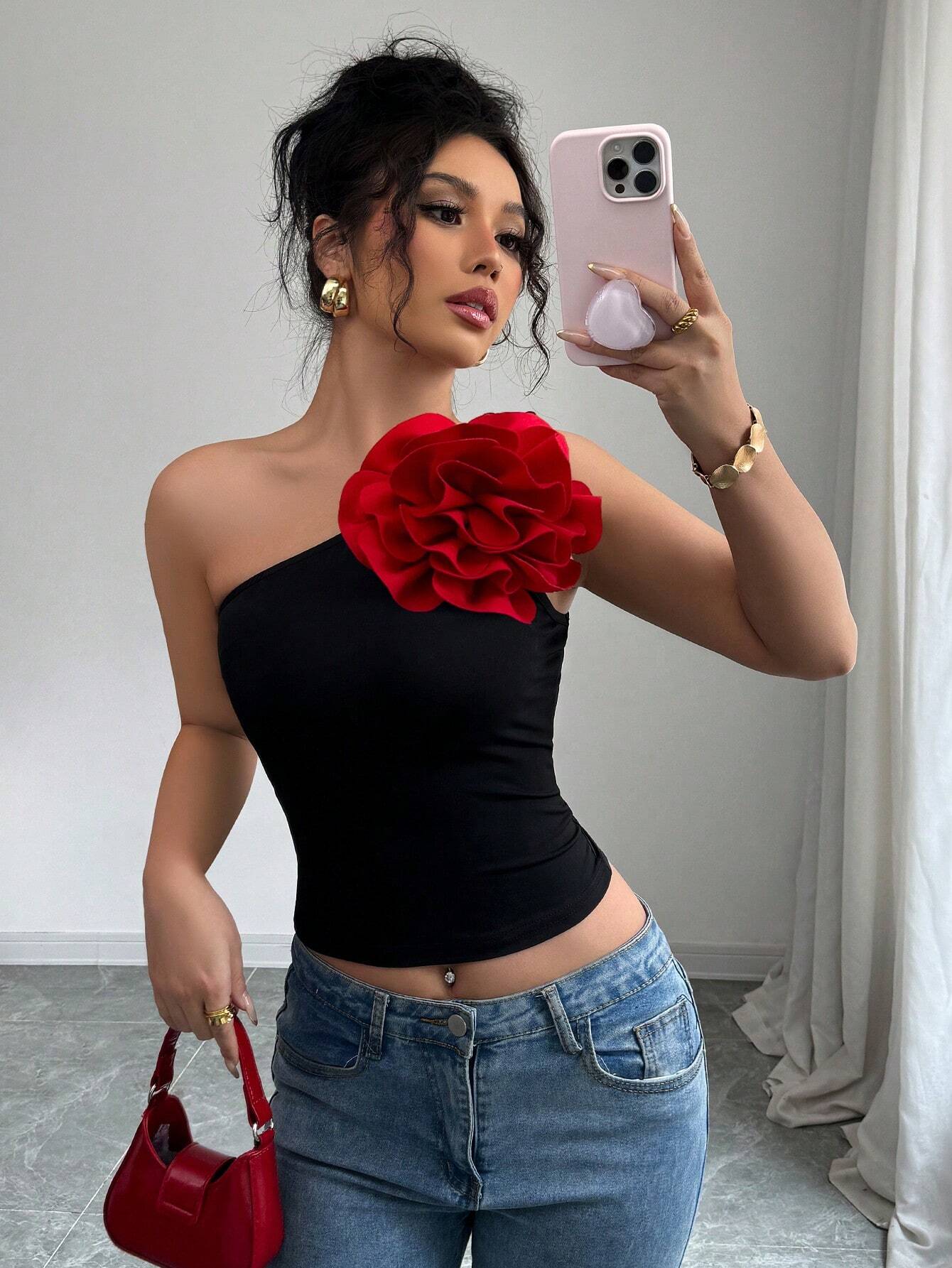 SHEIN Rafferiza Casual Sexy Knit 3D Floral Color Block Oblique Collar Asymmetrical Neck Camisole Top For Women