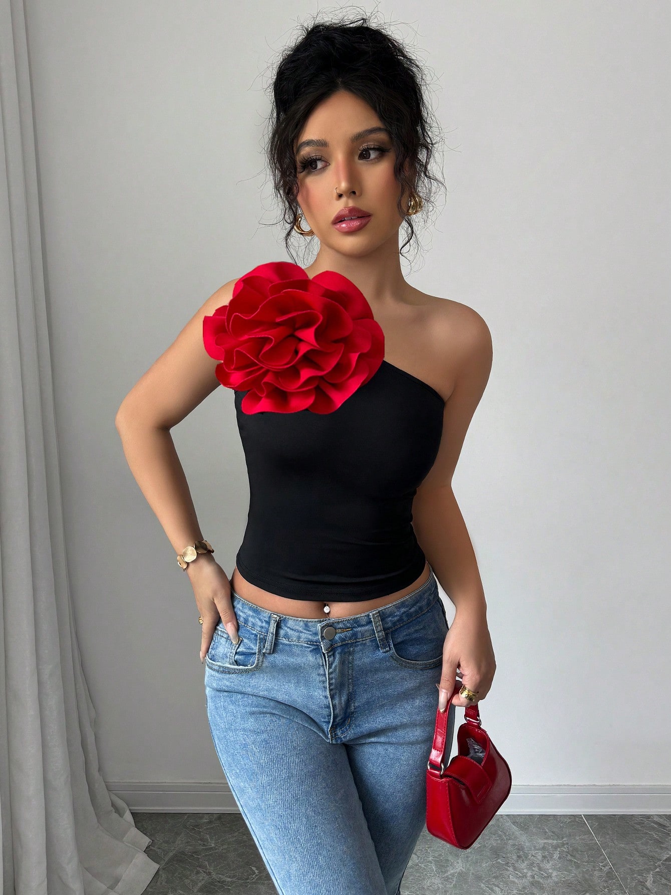 SHEIN Rafferiza Casual Sexy Knit 3D Floral Color Block Oblique Collar Asymmetrical Neck Camisole Top For Women - Image 3