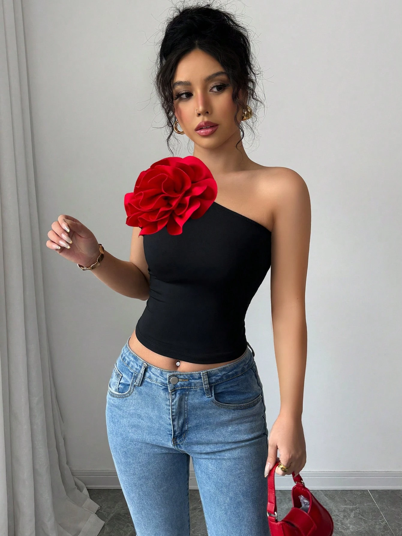 SHEIN Rafferiza Casual Sexy Knit 3D Floral Color Block Oblique Collar Asymmetrical Neck Camisole Top For Women - Image 4