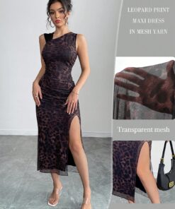 SHEIN Rafferiza Sleeveless Asymmetric Ruched Leopard Chiffon Maxi Dress