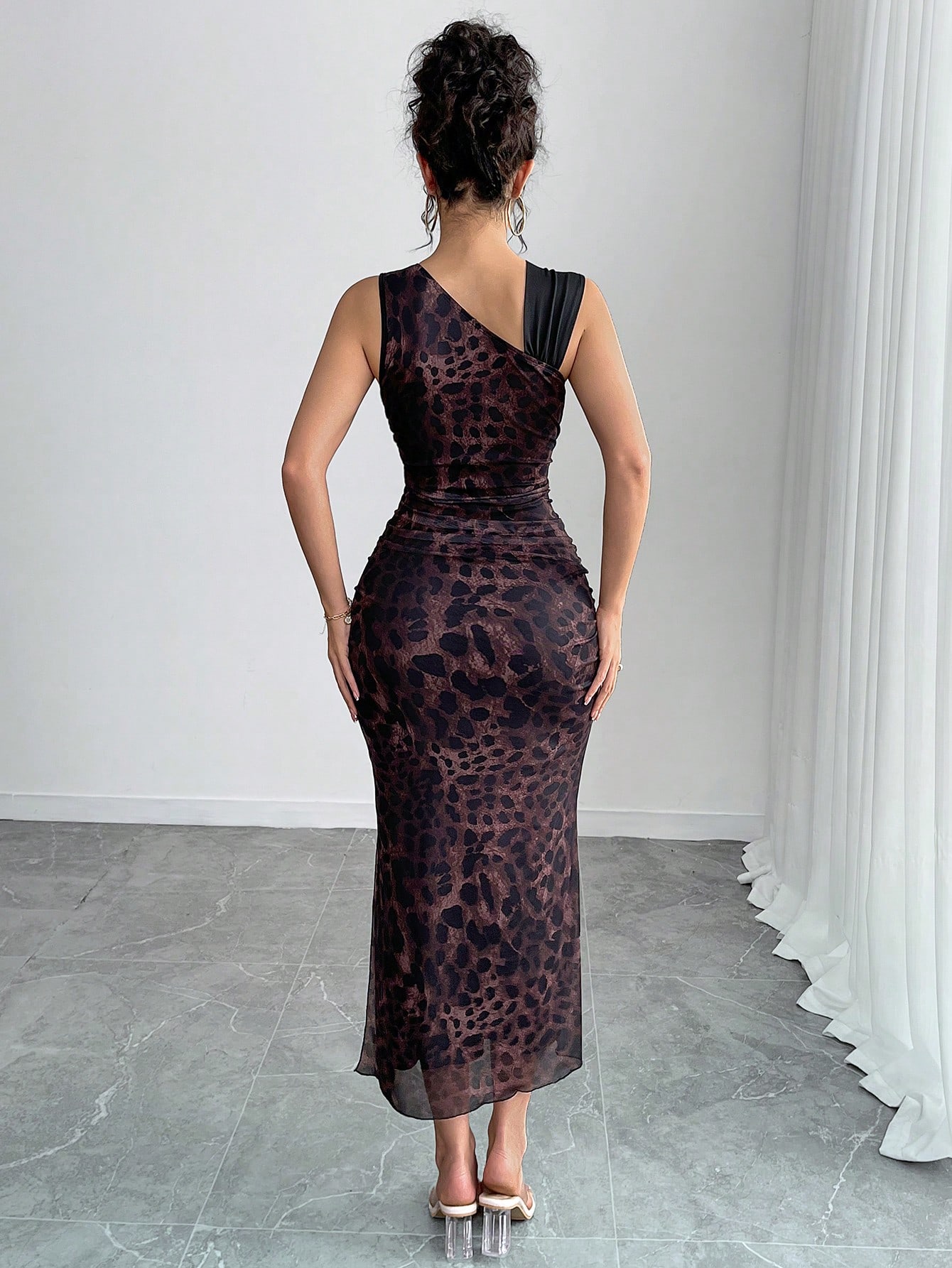 SHEIN Rafferiza Sleeveless Asymmetric Ruched Leopard Chiffon Maxi Dress - Image 3