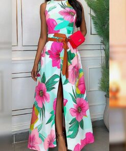 SHEIN LUNE Women Romantic Floral Print Dress With High Side Slit, Country Style