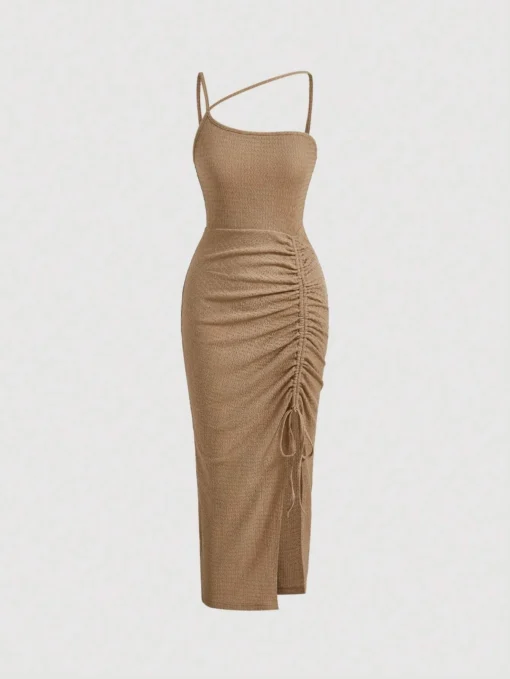 SHEIN MOD Asymmetrical Neck Drawstring Split Thigh Dress Ruched Dress