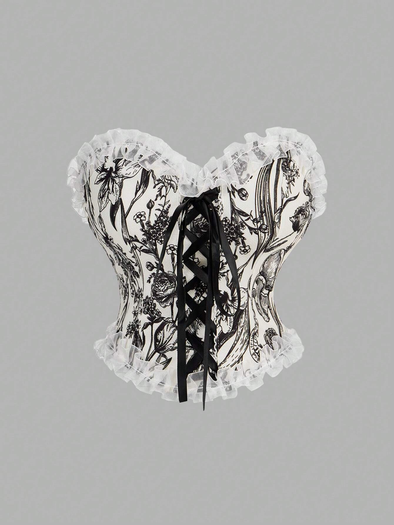 SHEIN MOD Ladies' Lace-Up Decor Flower Pattern Bustier With Floral Patchwork,Milkmaid Tops,Pink Tops