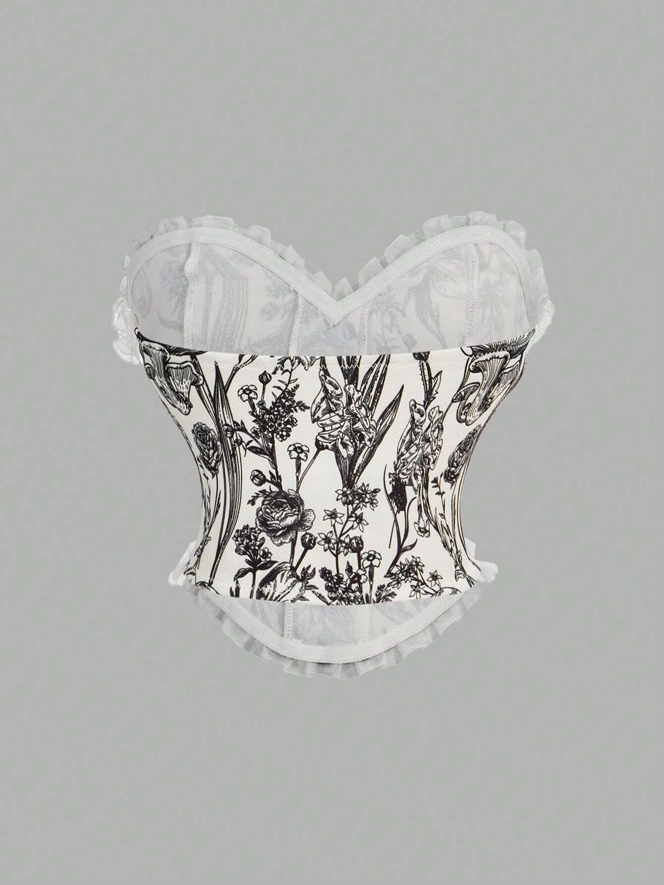 SHEIN MOD Ladies' Lace-Up Decor Flower Pattern Bustier With Floral Patchwork,Milkmaid Tops,Pink Tops - Image 2