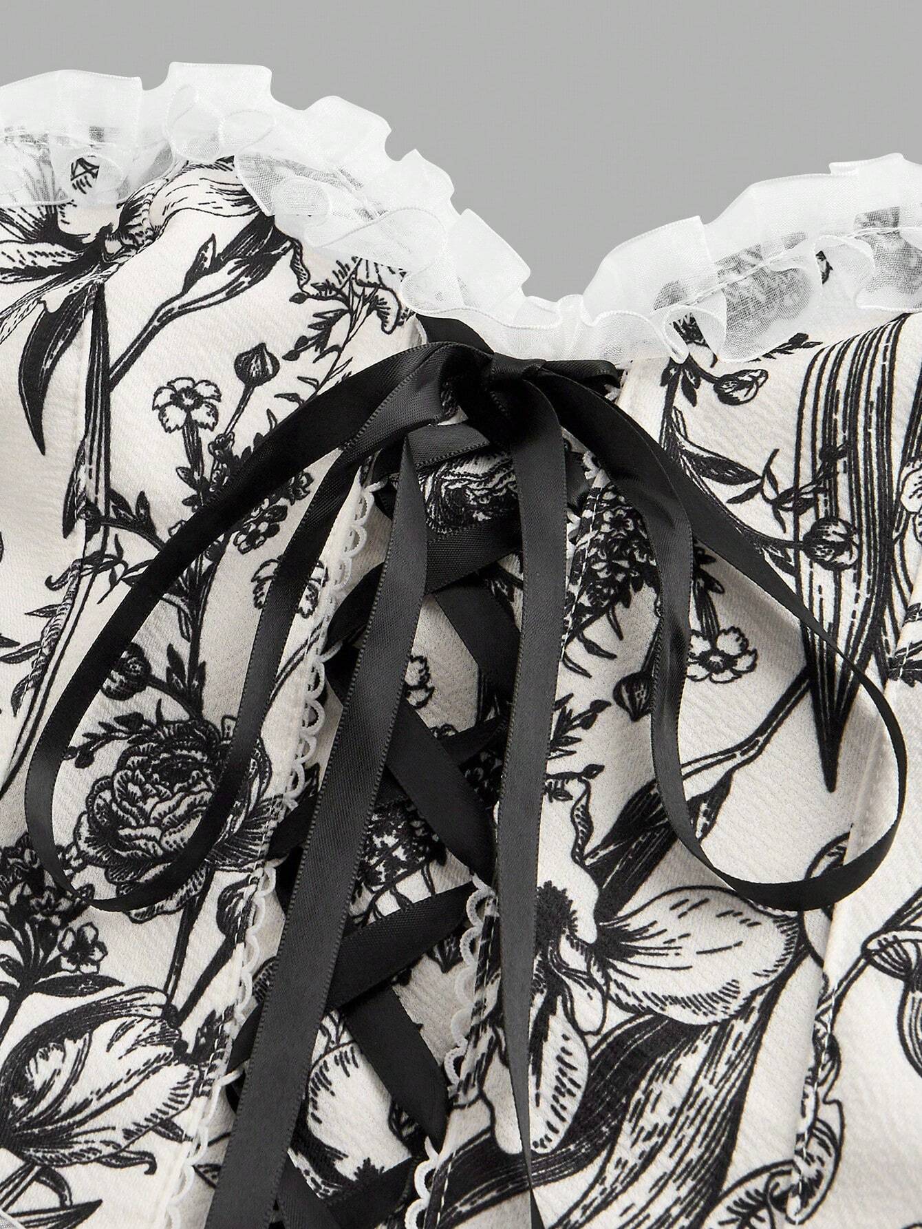 SHEIN MOD Ladies' Lace-Up Decor Flower Pattern Bustier With Floral Patchwork,Milkmaid Tops,Pink Tops - Image 3