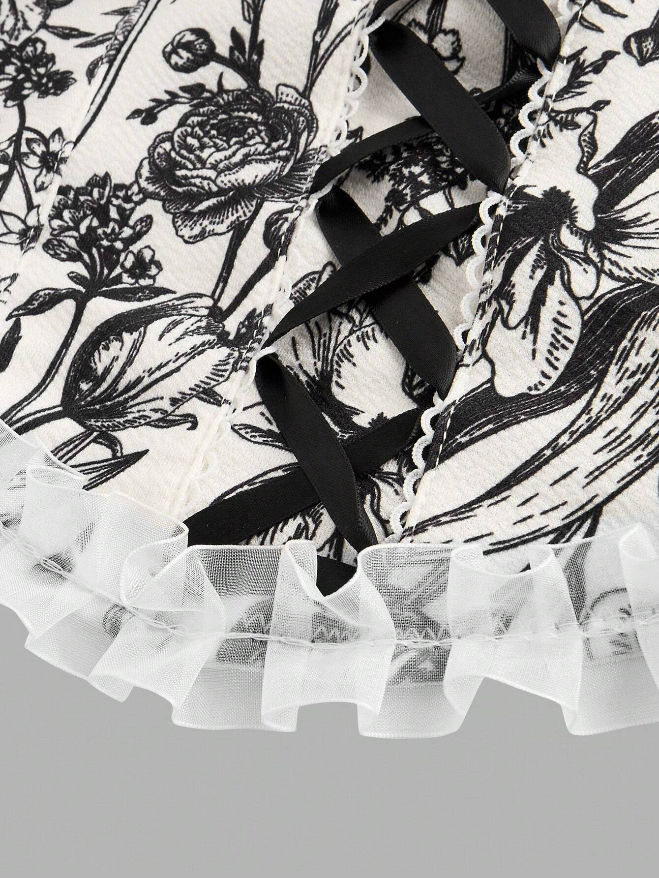 SHEIN MOD Ladies' Lace-Up Decor Flower Pattern Bustier With Floral Patchwork,Milkmaid Tops,Pink Tops - Image 4