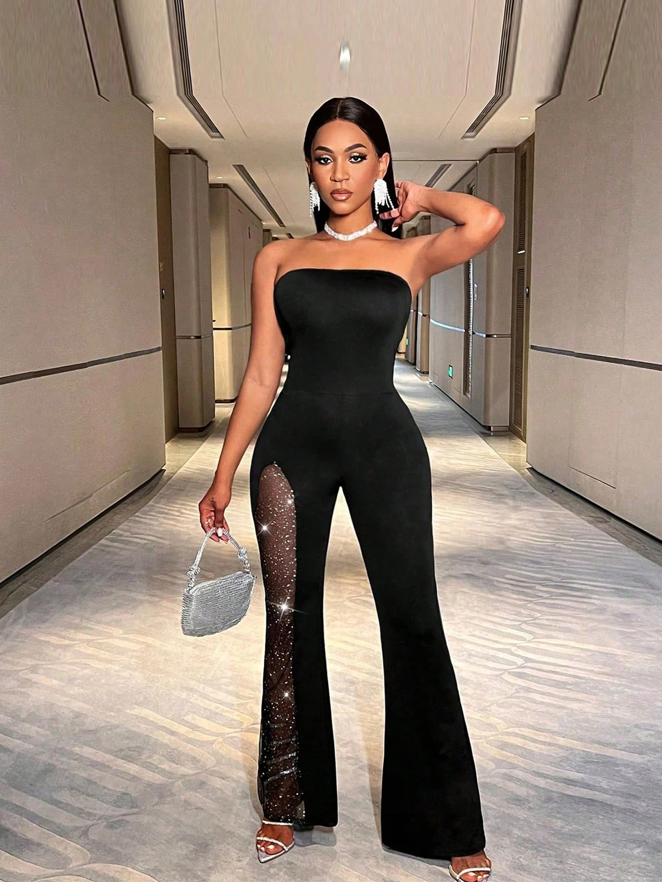 SHEIN PETITE Women's Sexy Fitted Bustier Rhinestone Mesh Solid Color Hollow Out High Waist Slim Flare Jumpsuit - Image 4