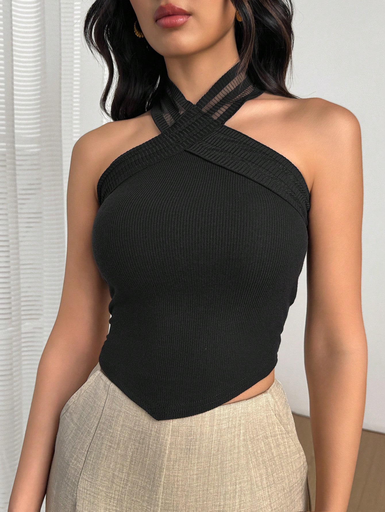 SHEIN Privé Women's Asymmetric Hem Halter-Style Sheer Backless Tank Top, Elegant For Graduation Party, Commute - Image 3