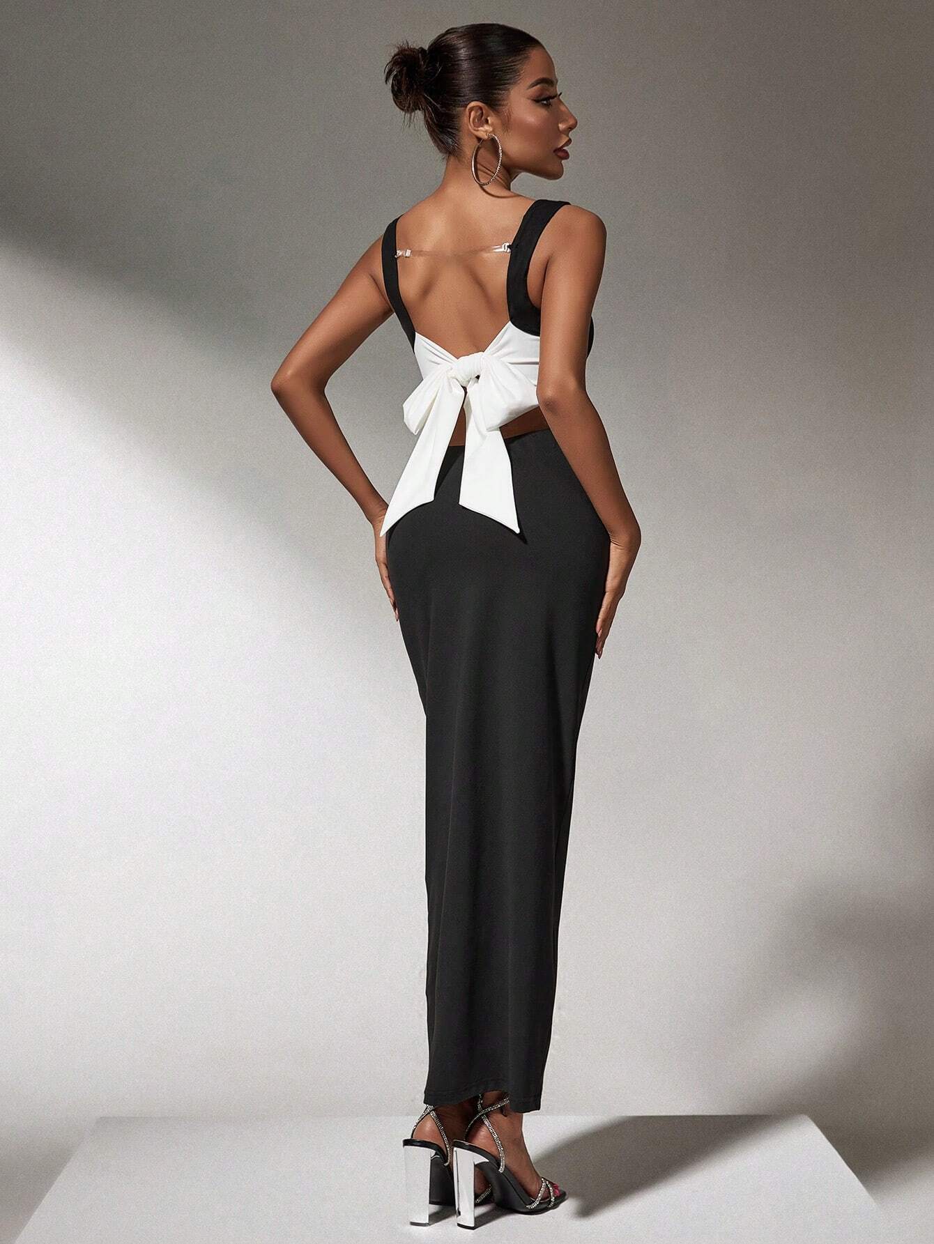 SHEIN SXY Fall Women Clothes;Black Skirt Elegant Party Square Neck Backless Bow Tie Fitted Sexy Dress
