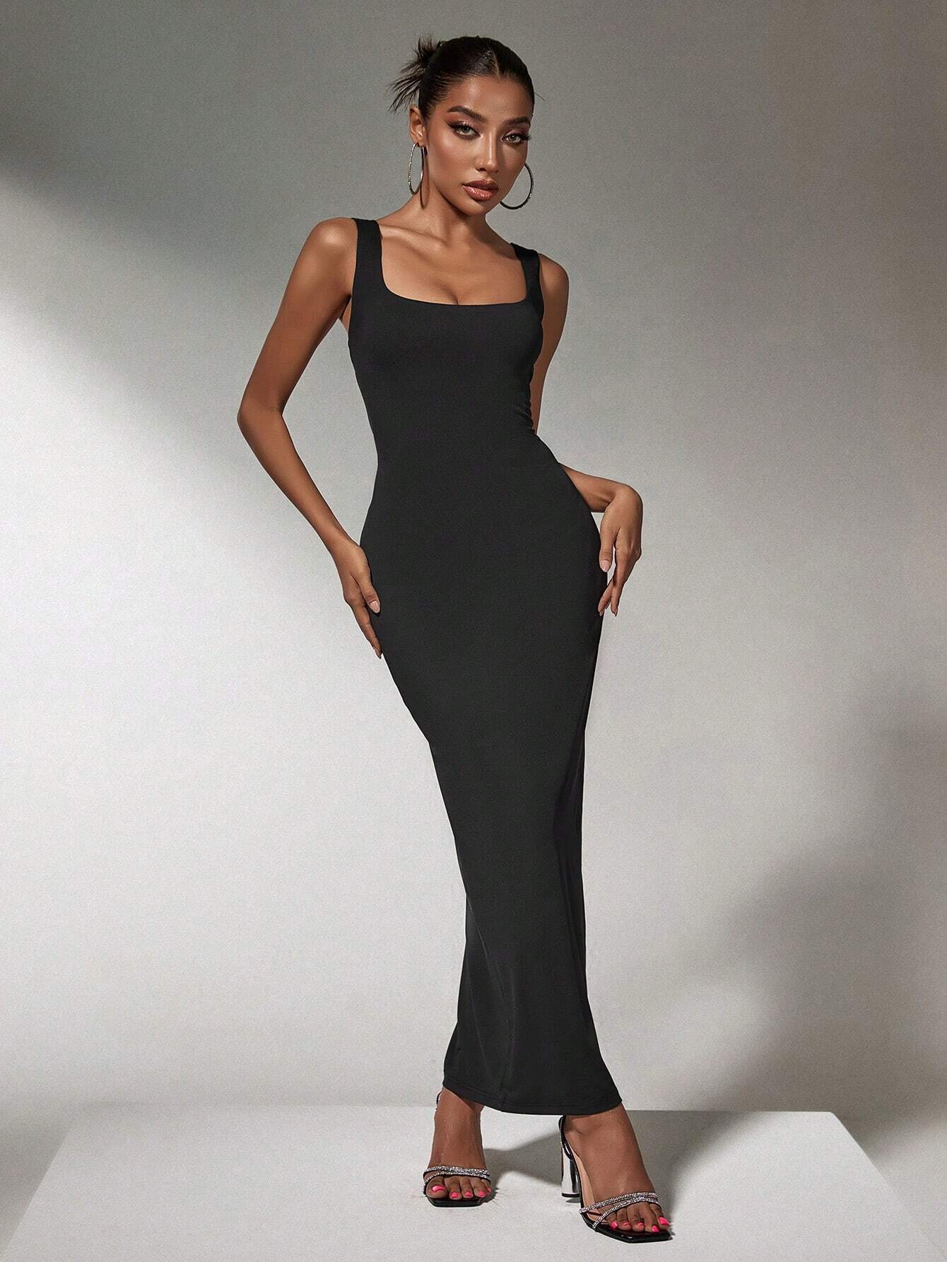 SHEIN SXY Fall Women Clothes;Black Skirt Elegant Party Square Neck Backless Bow Tie Fitted Sexy Dress - Image 2