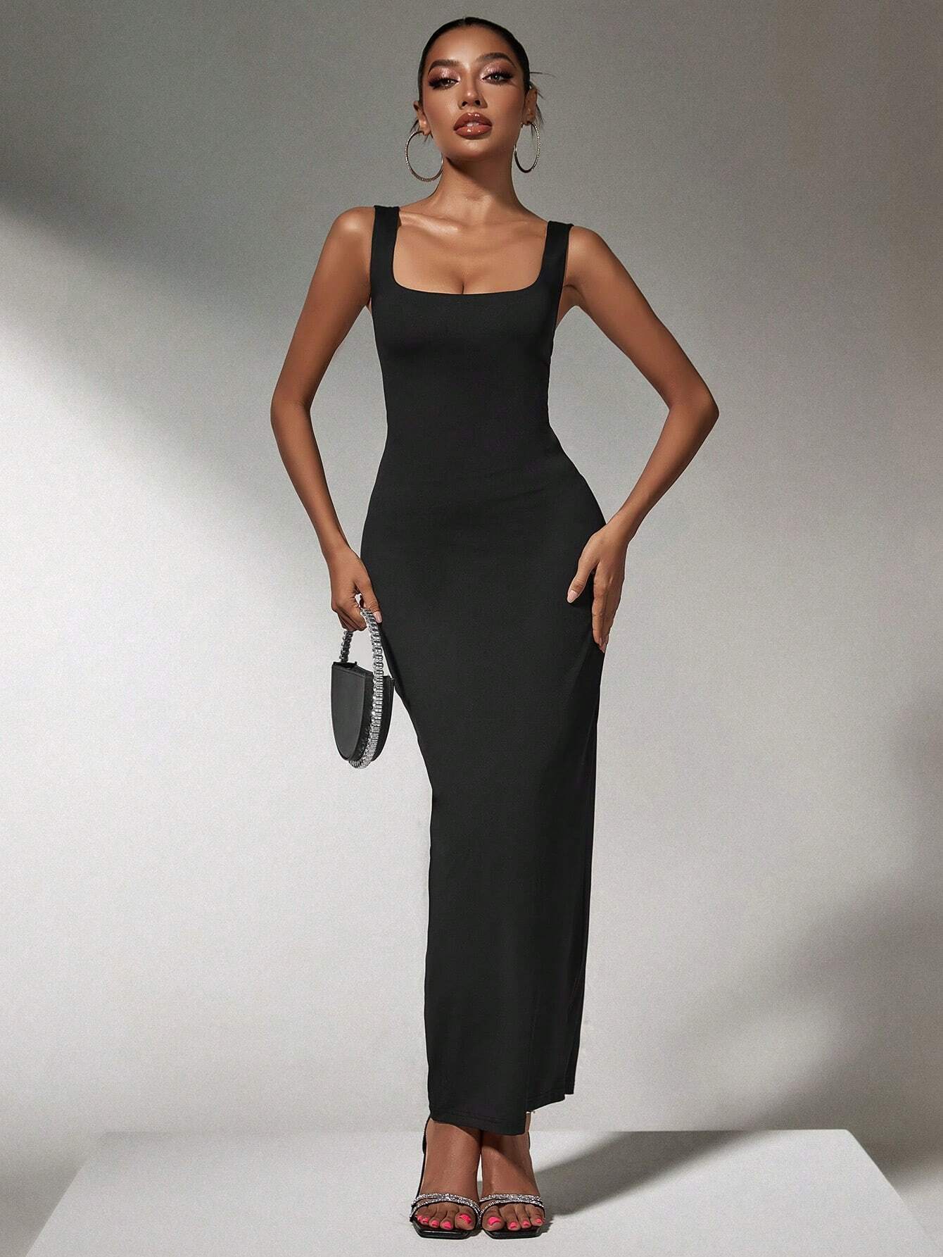 SHEIN SXY Fall Women Clothes;Black Skirt Elegant Party Square Neck Backless Bow Tie Fitted Sexy Dress - Image 4