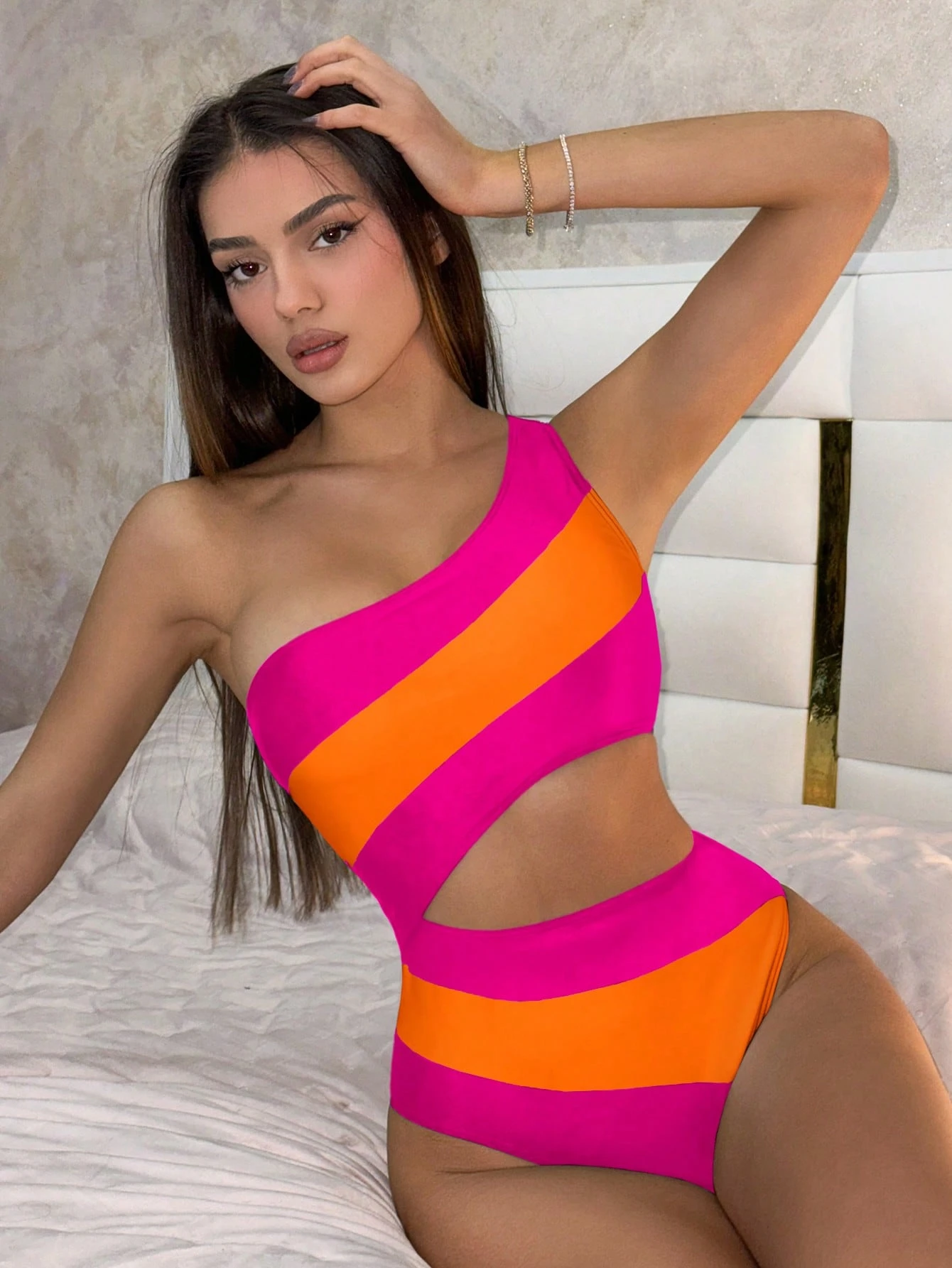 SHEIN Swim 1pc Women's Colorblock One-Piece Splice Simple Slim One-Piece Swimsuit, For Summer Beach Vacation