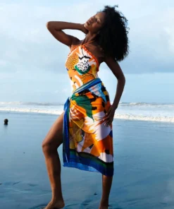 SHEIN Swim Random Print Flounce Trim Halter Backless One Piece Swimsuit & Patterned Beach Dress