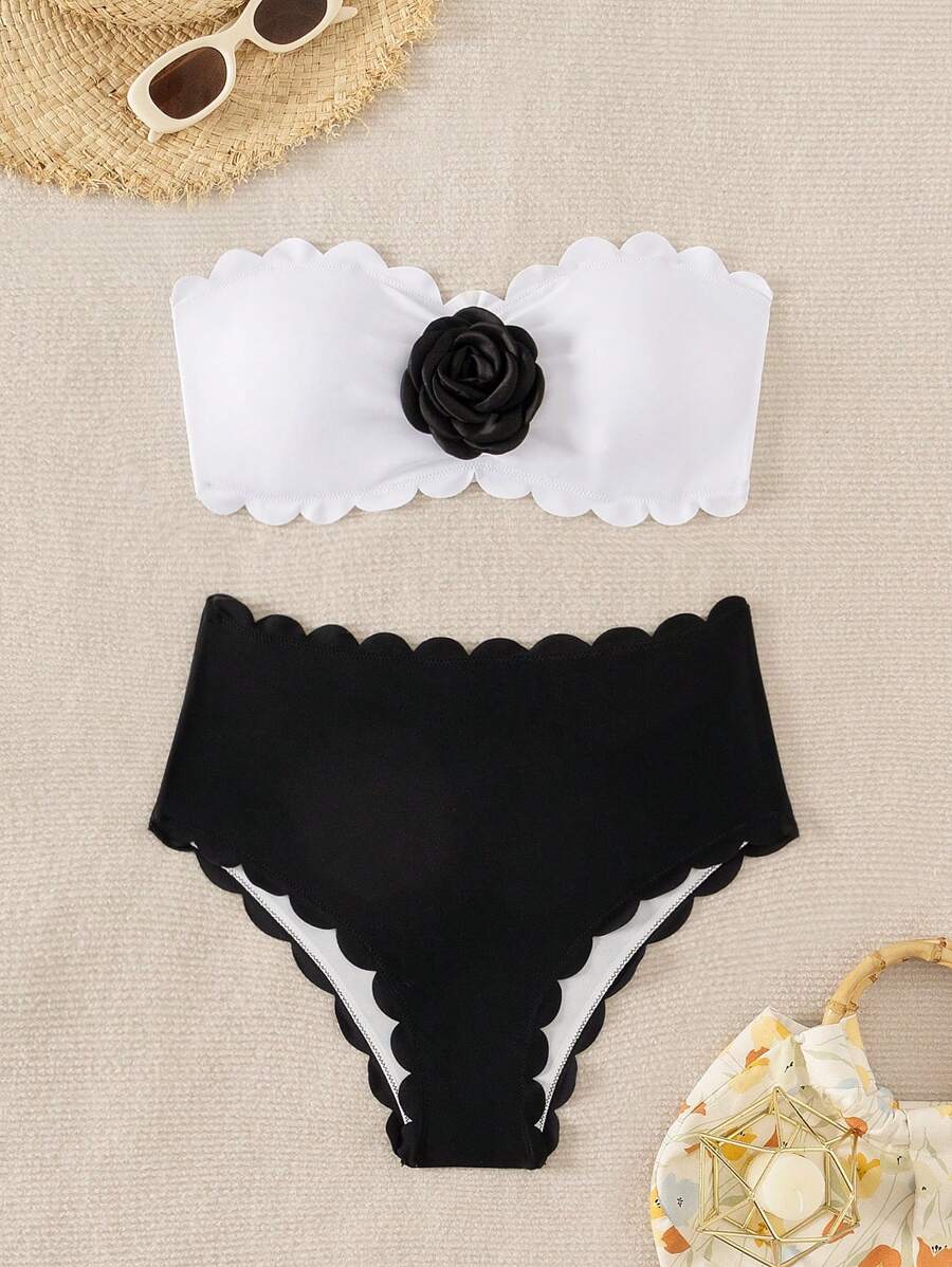 SHEIN Swim Summer Beach Ladies' Floral Decoration Bikini Set With Arc Shape Bottom - Image 3