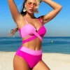 SHEIN Swim Women Two Piece High Waisted Crossed Color Block Bikini Set Summer