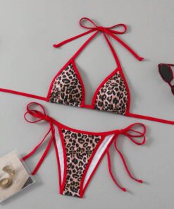 SHEIN Swim Women's Halter Neck Backless Leopard Print Patchwork Bikini Top And Bottom Casual Suit Summer