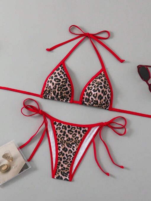 SHEIN Swim Women's Halter Neck Backless Leopard Print Patchwork Bikini Top And Bottom Casual Suit Summer