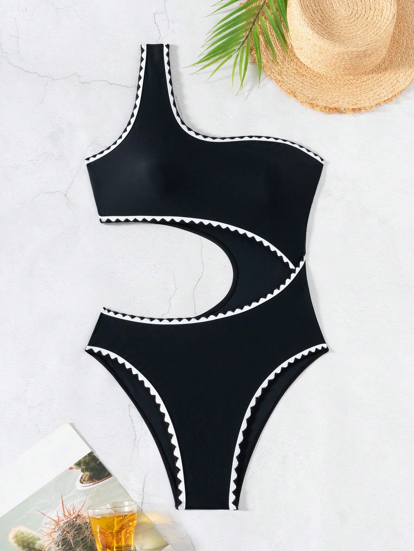 SHEIN Swim Women's Sexy Solid Color Splice Edge One Shoulder Hollow - Image 4