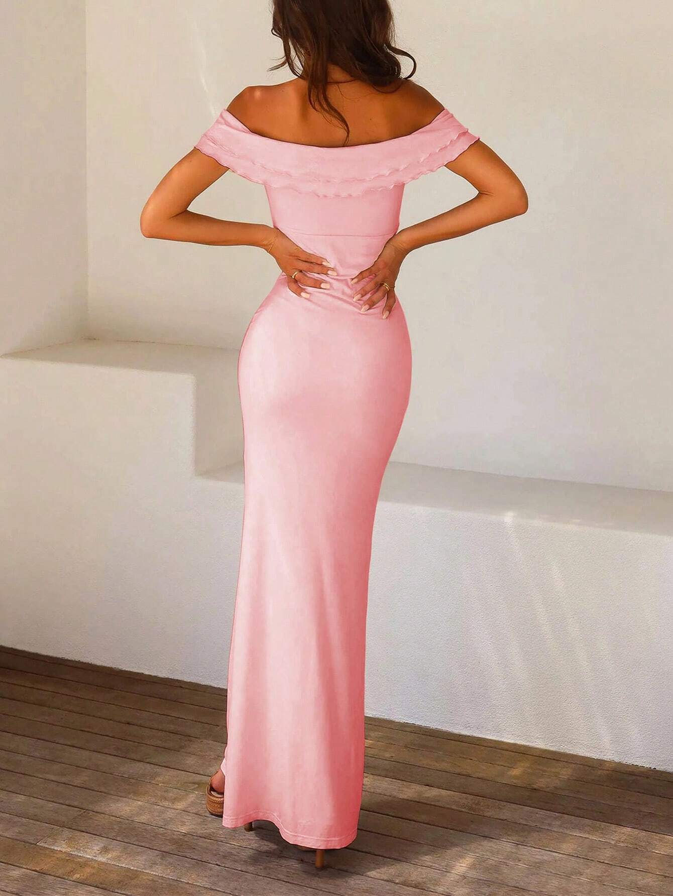 SHEIN Unity Summer Holiday Solid Color Twist-Knot Off Shoulder Floor-Length Dress - Image 3