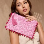 SHEIN VCAY Women's Versatile Bohemian Casual Vacation Beach Diamond Pattern Fuchsia Tassel Pompom Clutch Bag