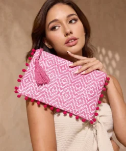 SHEIN VCAY Women's Versatile Bohemian Casual Vacation Beach Diamond Pattern Fuchsia Tassel Pompom Clutch Bag