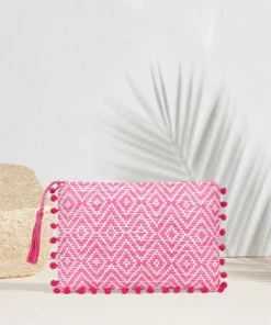 Alternative view of SHEIN VCAY Women's Versatile Bohemian Casual Vacation Beach Diamond Pattern Fuchsia Tassel Pompom Clutch Bag