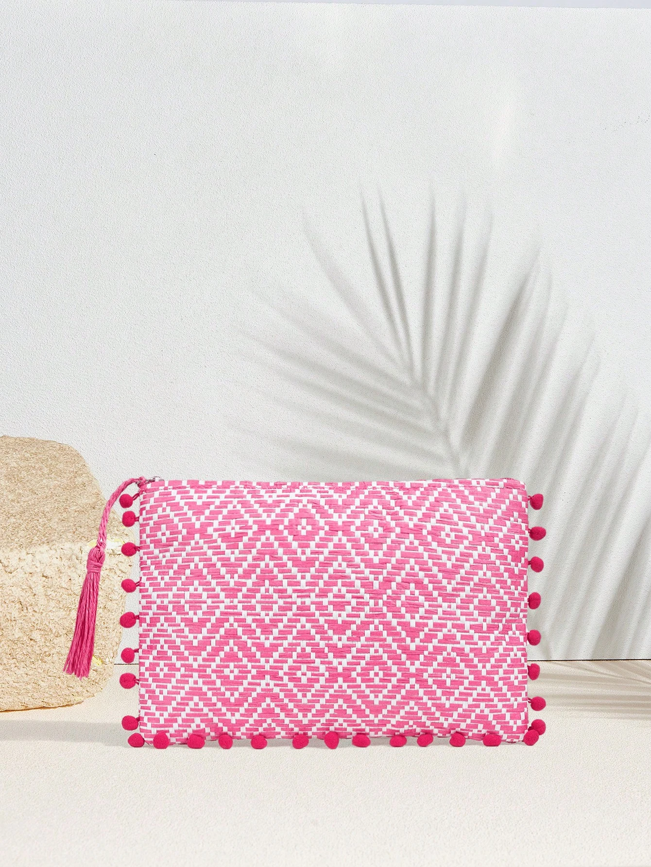 SHEIN VCAY Women's Versatile Bohemian Casual Vacation Beach Diamond Pattern Fuchsia Tassel Pompom Clutch Bag - Image 2