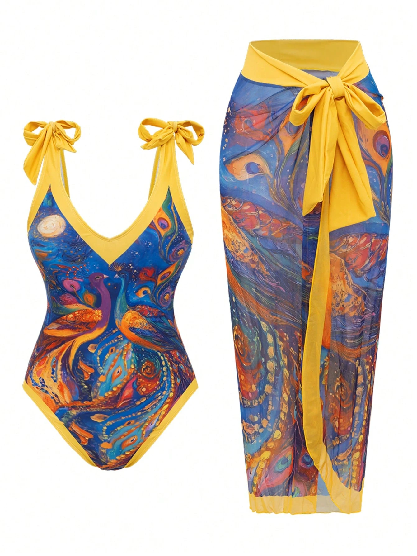 SHEIN Swim Oasis 2pcs/Set High-End Placement Print V-Neck Strap One Piece