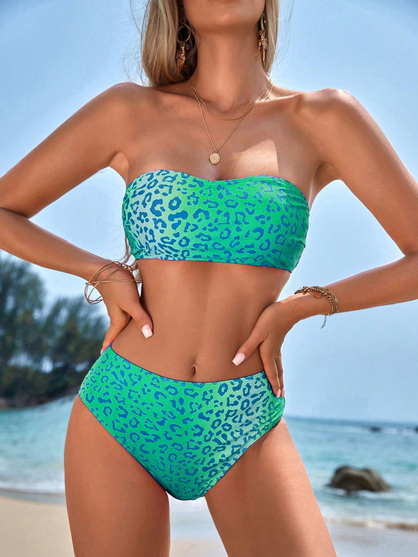 SHEIN Swim Vcay Summer Beach Leopard Bandeau High Waisted Bikini Set - Image 2
