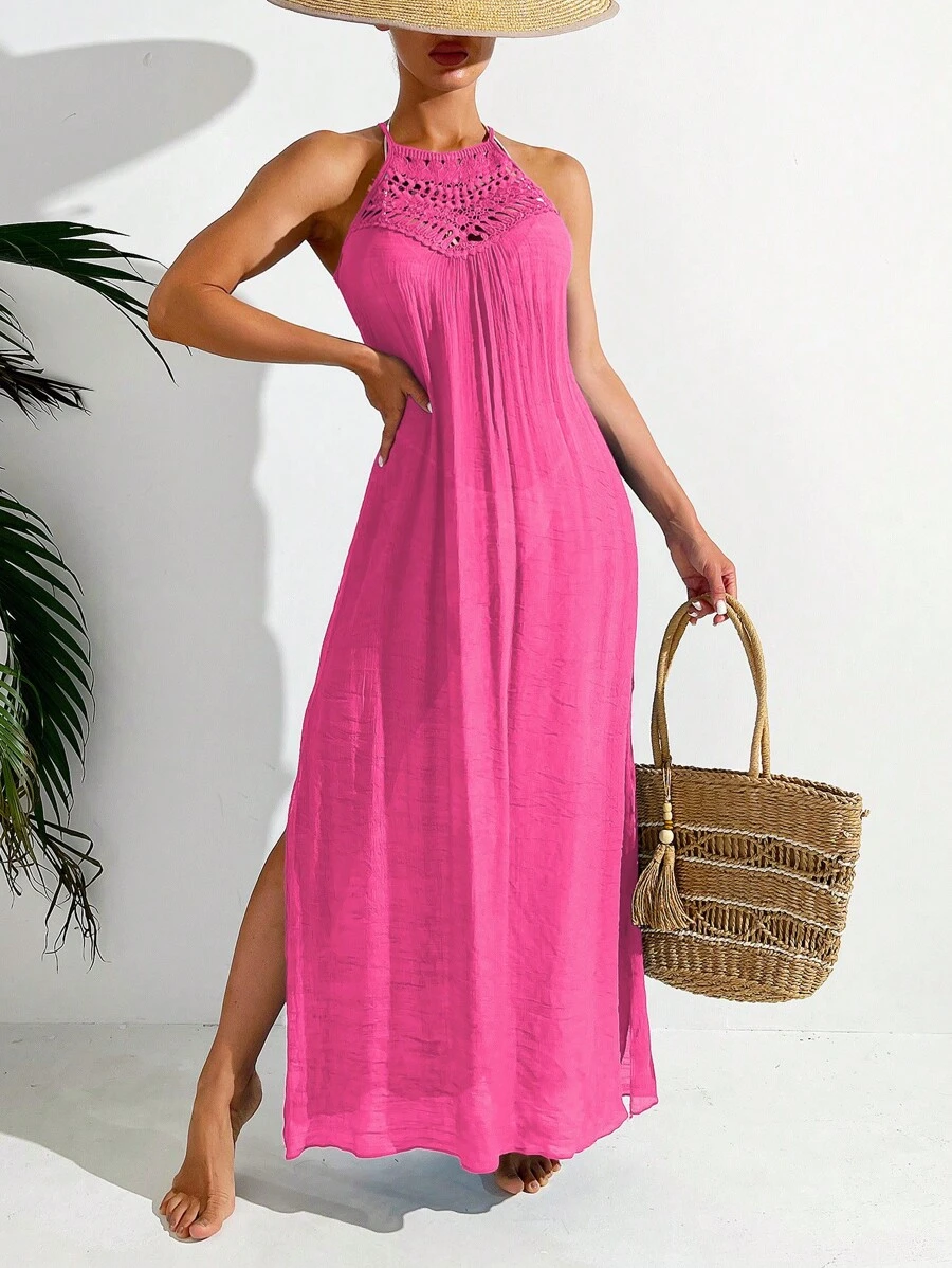 SHEIN Women's Plain Color Hollow Out Sleeveless Simple Split Long Cover Up Summer - Image 2