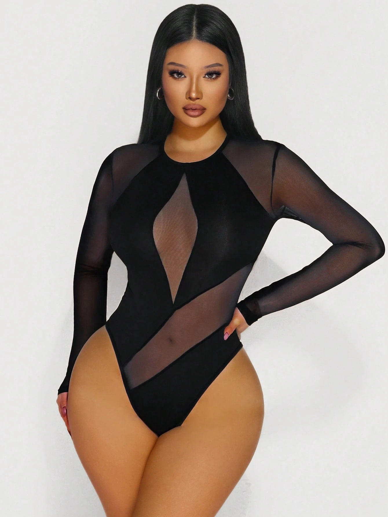SHEIN Zolique Spring And Summer Party Sexy Street Transparent Mesh Fabric Splicing Mesh Mesh Splicing Bodysuit - Image 2